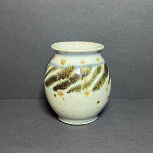 Decorative Small Grey, Blue & Brown Hand Painted Glazed Pottery Art Vase 2.5"